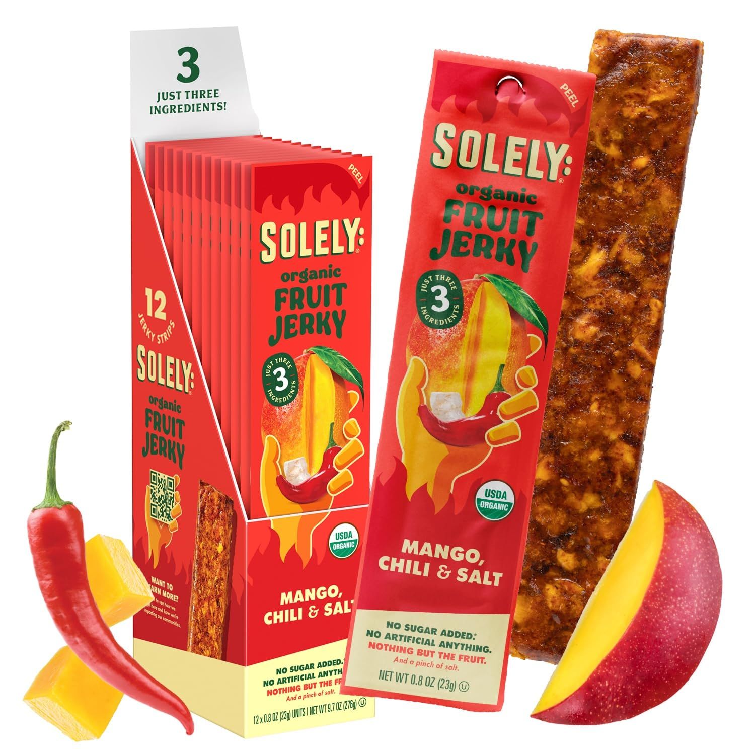 SOLELY - Organic Spicy Mango Chili and Salt Fruit Jerky - 12 Individually Wrapped Fruit Strips - Fruit Leather Made from Dried Fruit - Healthy Snacks for Adults &amp; Kids - Vegan, Non GMO - 0.8oz (23g)