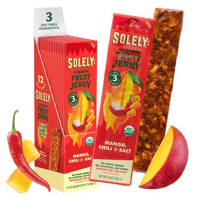 SOLELY - Organic Spicy Mango Chili and Salt Fruit Jerky - 12 Individually Wrapped Fruit Strips - Fruit Leather Made from Dried Fruit - Healthy Snacks for Adults &amp; Kids - Vegan, Non GMO - 0.8oz (23g)