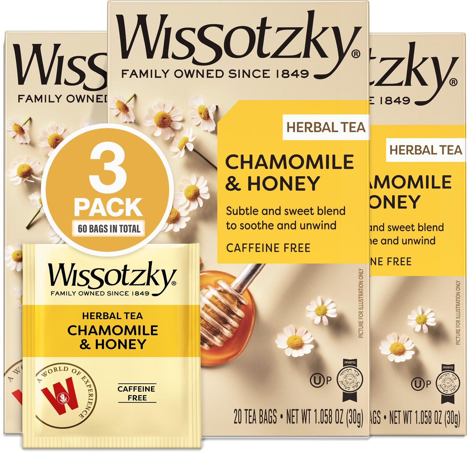 Wissotzky Chamomile &amp; Honey Herbal Tea, (3 Pack - 60 Tea Bags) | Soothing Blend | Caffeine Free Tea | Relaxation