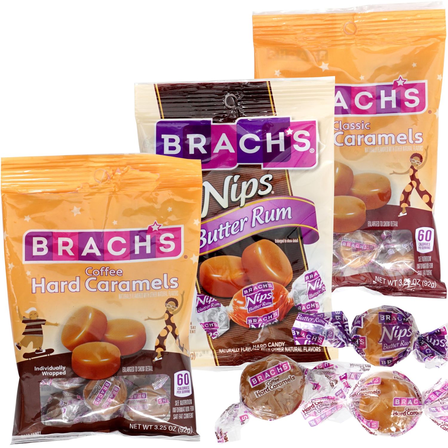 Nips Hard Candy Variety Pack, 3.25 oz Bags (3 Pack) Coffee Hard Caramels, Butter Rum Nips, Classic Hard Caramels