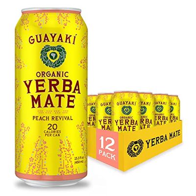 Guayak Yerba Mate, Energy Drink Alternative, Organic Peach Revival Flavor, 15.5 Oz (Pack of 12), Low Sugar, Low Calorie, 150mg Natural Caffeine, Smooth Energy &amp; Focus