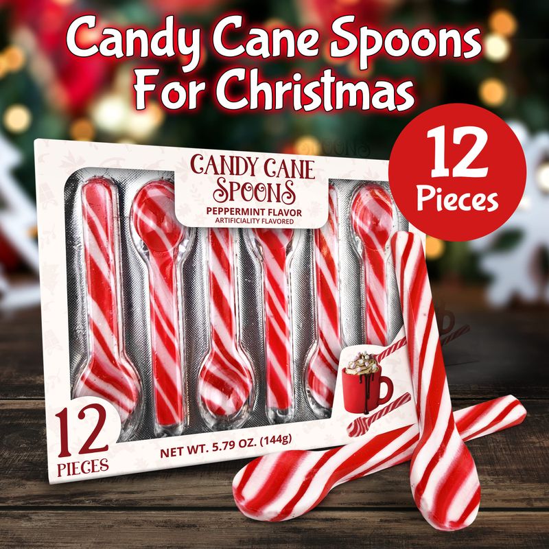Peppermint Spoons - Pack of 12 Stunning Candy Cane Spoons - Perfect Christmas Candy - Delicious and Colorful Peppermint Candy - Ideal for Hot Chocolate on Christmas Eve