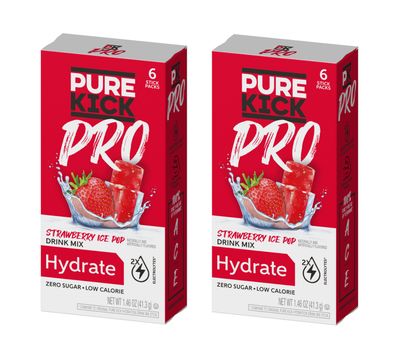 Pure Kick Pro Strawberry Ice Pop Powdered Drink Mix - Pack of 2 - Zero Calorie - Low Sugar - Hydrate - 2 Times the Electrolytes - 100% of DV for Vitamins A,C, and E