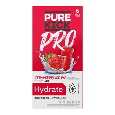 Pure Kick Pro Strawberry Ice Pop Powdered Drink Mix - Pack of 2 - Zero Calorie - Low Sugar - Hydrate - 2 Times the Electrolytes - 100% of DV for Vitamins A,C, and E