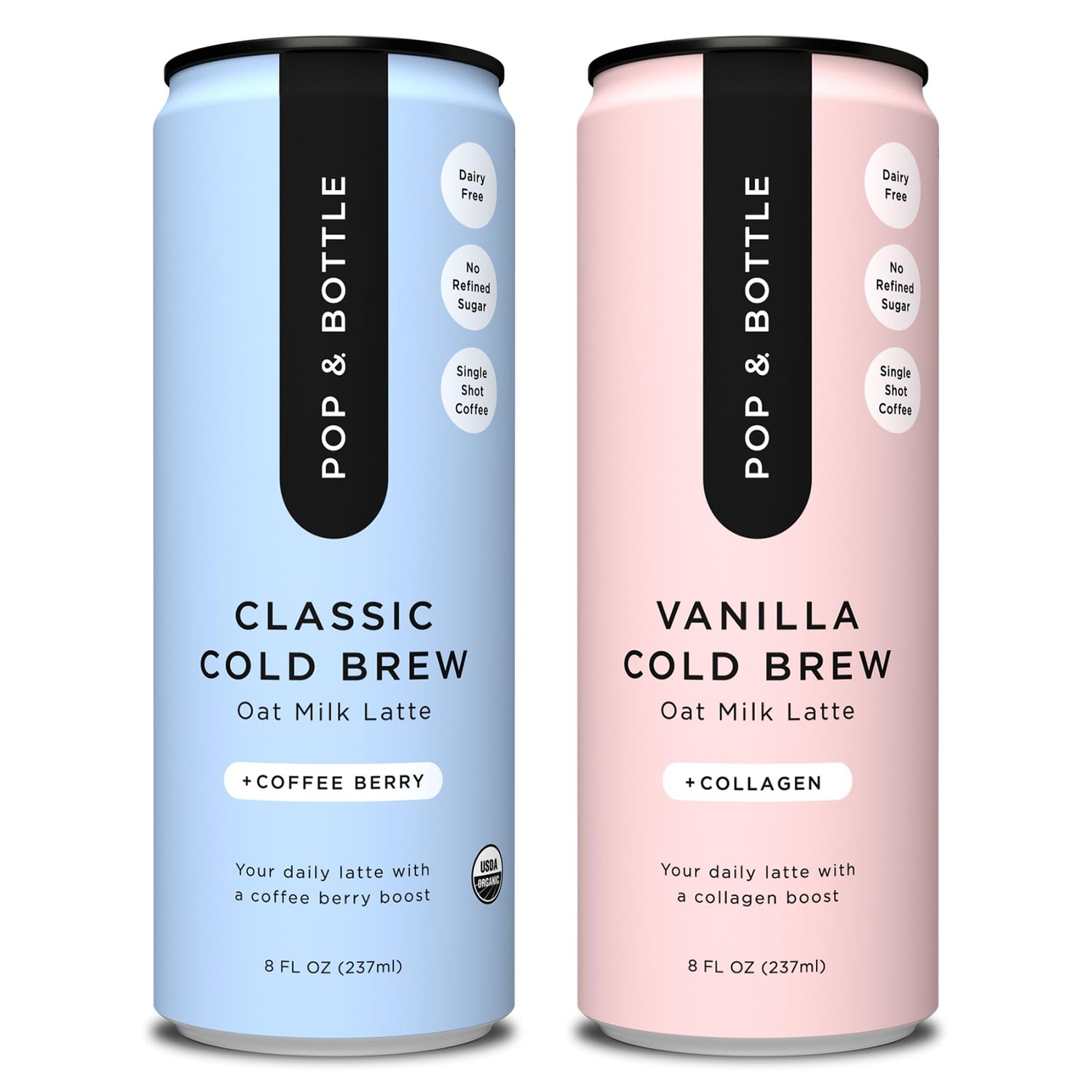 Pop &amp; Bottle Classic &amp; Vanilla Oat Milk Lattes - Cold Brew, Marine Collagen &amp; Antioxidants, MCT Oil, Organic, Dairy Free, Gluten Free, Lightly Sweetened with Dates - 8 Fl Oz (Pack of 12), 6 Each