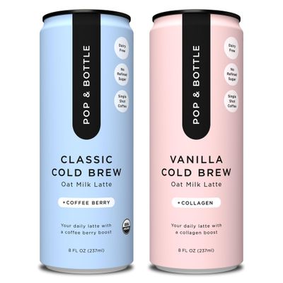 Pop &amp; Bottle Classic &amp; Vanilla Oat Milk Lattes - Cold Brew, Marine Collagen &amp; Antioxidants, MCT Oil, Organic, Dairy Free, Gluten Free, Lightly Sweetened with Dates - 8 Fl Oz (Pack of 12), 6 Each