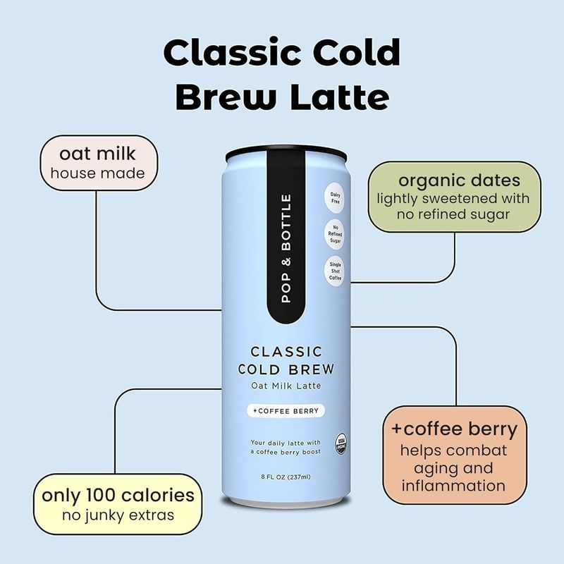 Pop &amp; Bottle Classic &amp; Vanilla Oat Milk Lattes - Cold Brew, Marine Collagen &amp; Antioxidants, MCT Oil, Organic, Dairy Free, Gluten Free, Lightly Sweetened with Dates - 8 Fl Oz (Pack of 12), 6 Each