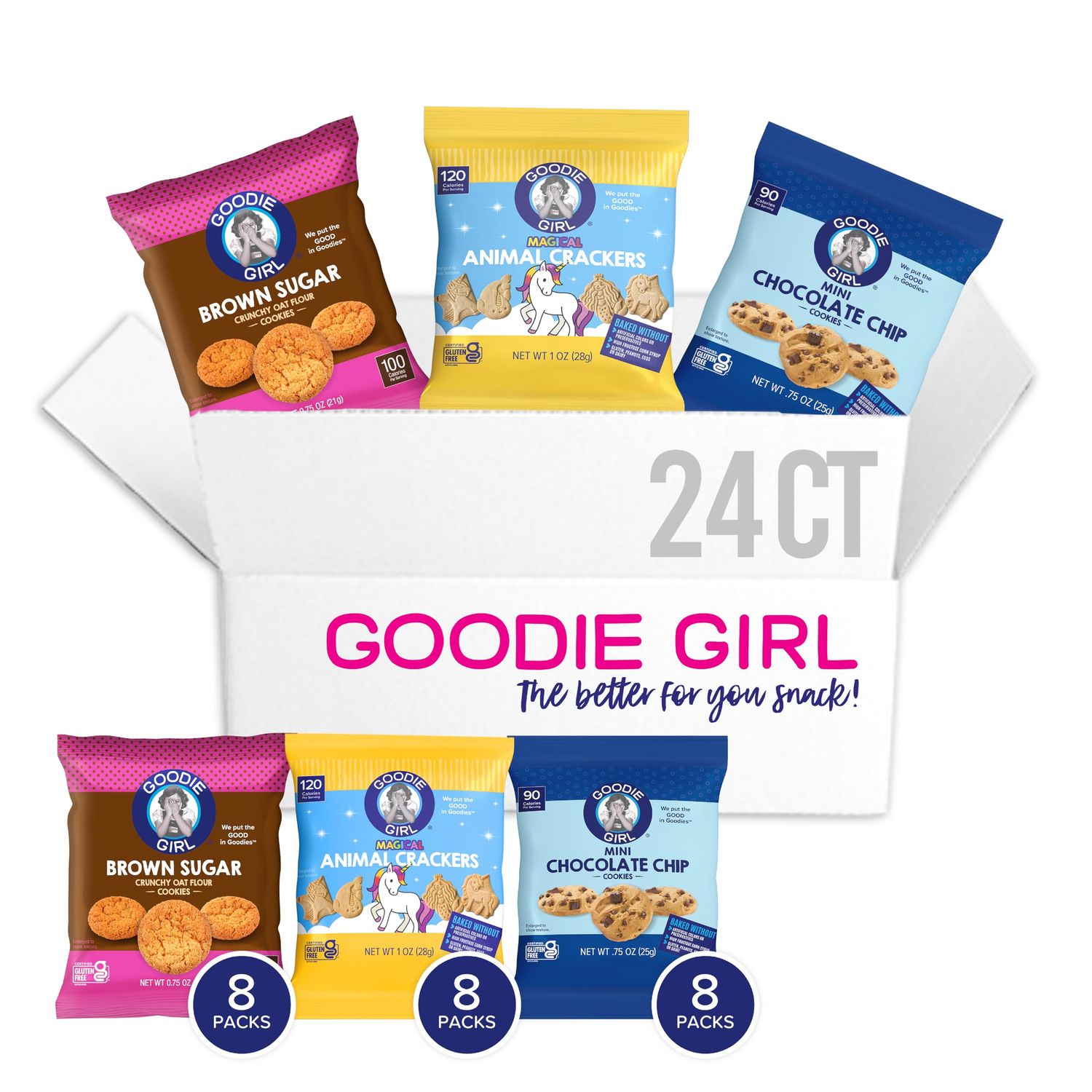 Goodie Girl Gluten Free Snack Pack Variety Pack, Magical Animal Crackers, Mini Chocolate Chip Cookies &amp; Mini Brown Sugar Cookies | Gluten Free, Peanut Free (24 Individual Packs)