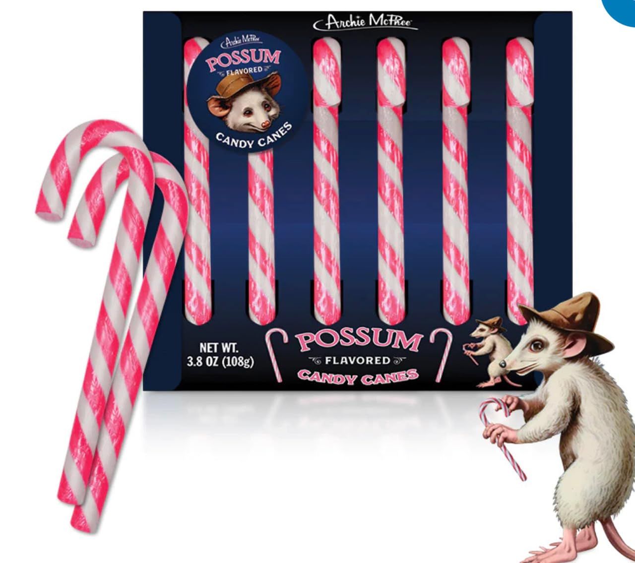 Archie McPhee Possum Flavored Pink &amp; Gray Striped Candy Canes - Stocking Stuffers - Christmas Candy Canes - Gift Box of 6 pieces Fun Novelty Candy Canes