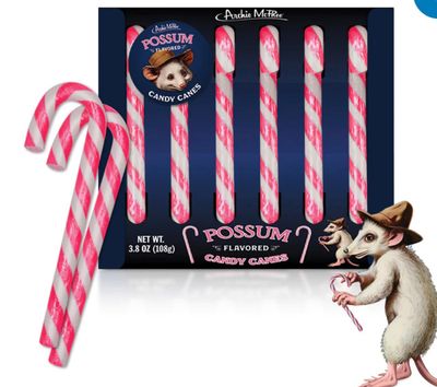 Archie McPhee Possum Flavored Pink &amp; Gray Striped Candy Canes - Stocking Stuffers - Christmas Candy Canes - Gift Box of 6 pieces Fun Novelty Candy Canes