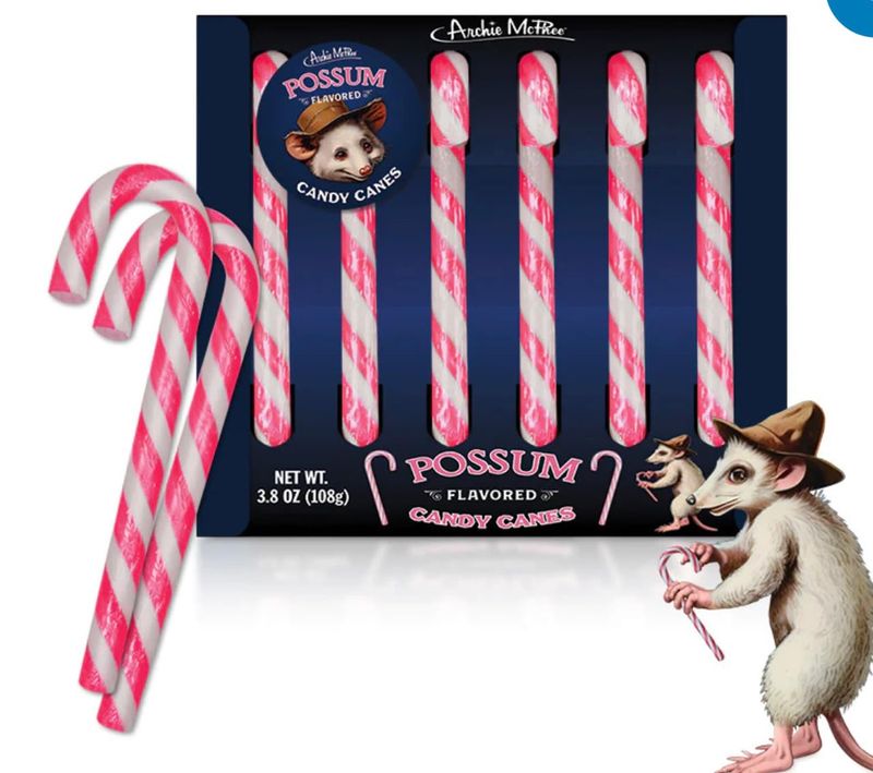 Archie McPhee Possum Flavored Pink &amp; Gray Striped Candy Canes - Stocking Stuffers - Christmas Candy Canes - Gift Box of 6 pieces Fun Novelty Candy Canes