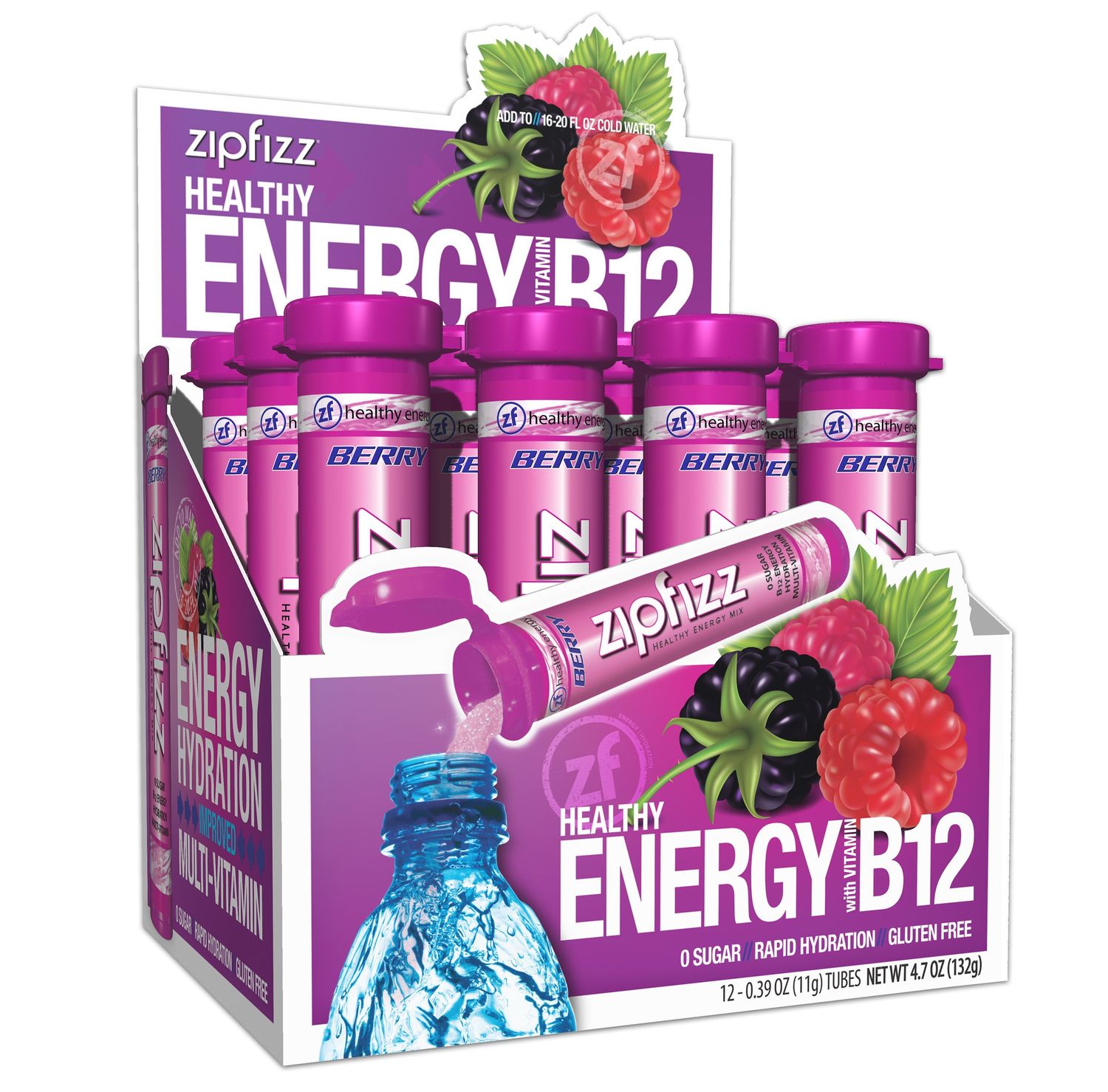 Zipfizz Daily Energy Drink Powder, Berry, 12 Pack | 3-in-1 Sustained Energy, Rapid Hydration, and Essential Vitamins | Sugar-Free | Electrolyte Powder | Contains Vitamin B-12 &amp; Antioxidants