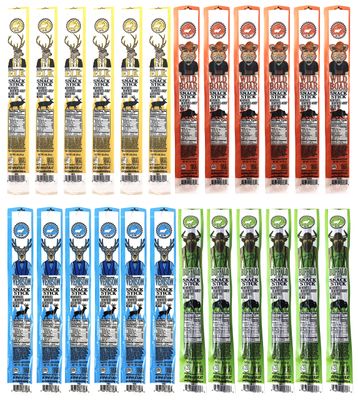 PEARSON RANCH SINCE 1959 Assorted Game Meat Sticks Variety Pack of 24 (1oz sticks) Elk, Buffalo, Venison, Wild Boar - Low-Carb, Gluten-Free, High-Protein, Paleo and Keto Friendly Jerky Sticks