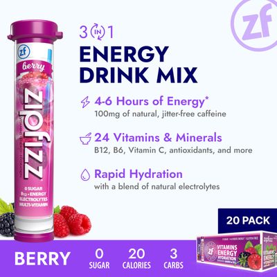 Zipfizz Daily Energy Drink Powder, Berry, 12 Pack | 3-in-1 Sustained Energy, Rapid Hydration, and Essential Vitamins | Sugar-Free | Electrolyte Powder | Contains Vitamin B-12 & Antioxidants