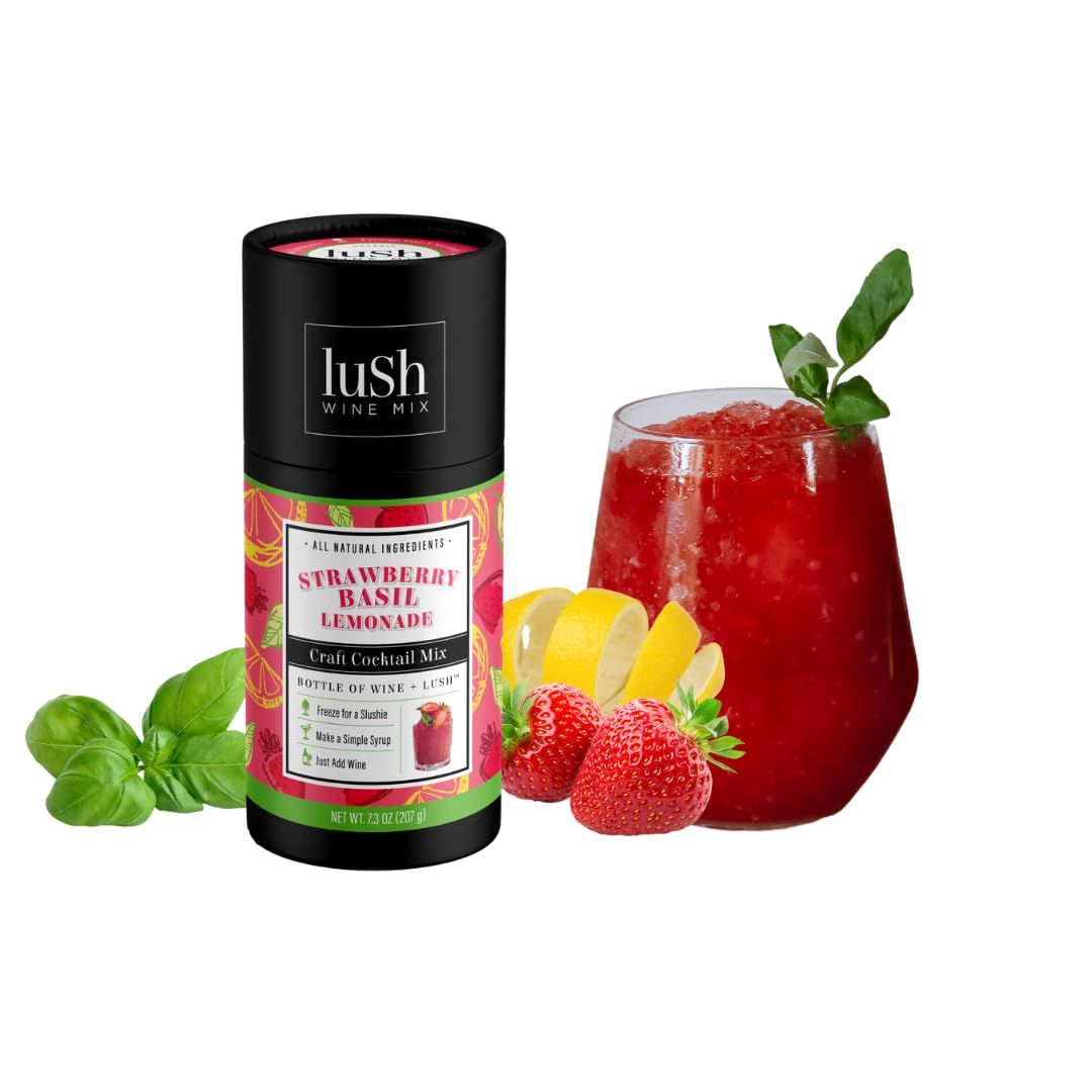 Lush Wine Mix Organic Cocktail Mixers, Drink Mix for 11 Servings of Frozen Wine Slushies, Margaritas, Simple Syrup Cocktails and Mocktails - Strawberry Basil Lemonade - 1 Pack