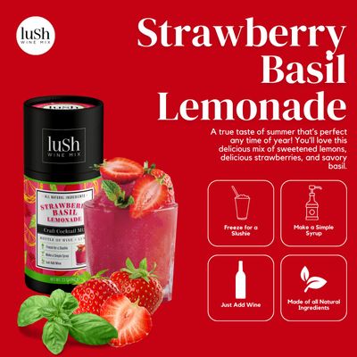 Lush Wine Mix Organic Cocktail Mixers, Drink Mix for 11 Servings of Frozen Wine Slushies, Margaritas, Simple Syrup Cocktails and Mocktails - Strawberry Basil Lemonade - 1 Pack