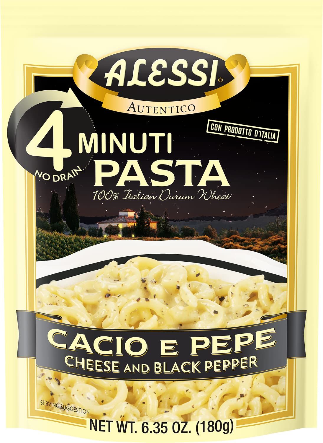 Alessi 4 Minute Pasta, One Dish Quick Meals, Stovetop or Microwave, Dinner or Side Ready in Minutes (Cheese &amp; Black Pepper, 6.35 Ounce (Pack of 6))