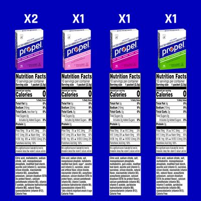 Propel Powder Packets 4 Flavor Variety Pack With Electrolytes, Vitamins and No Sugar 10 Count (Pack of 5) (Packaging May Vary)