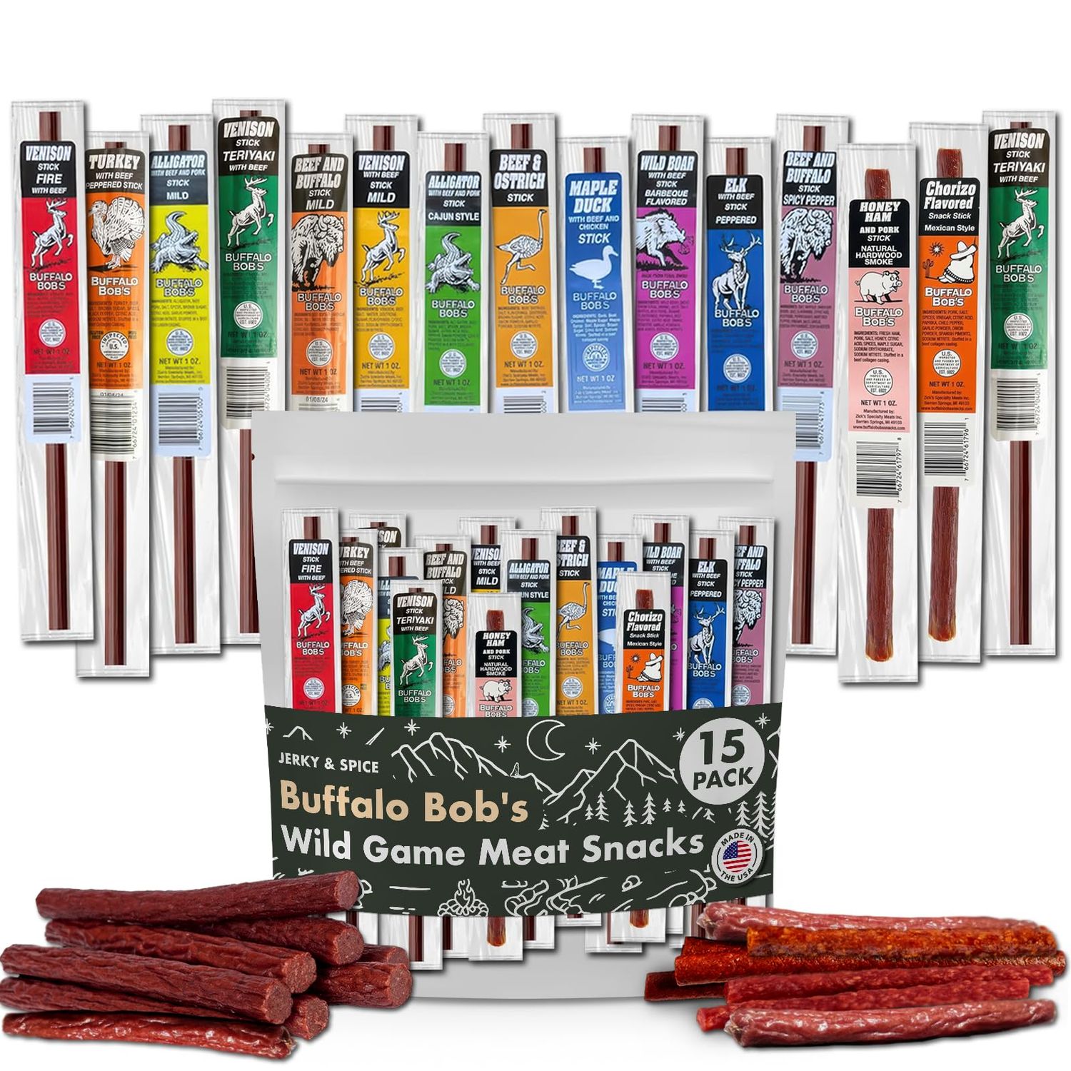 Buffalo Bob&#39;s Wild Game Meat Snacks (1oz Stick, 15 Pack) Exotic Variety Assortment Sampler, Gift for Men/Dad, Stocking Stuffer, Adventure Enthusiast