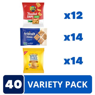 Nabisco Cracker Variety Pack, RITZ Toasted Chips, Wheat Thins Whole Grain Wheat Crackers and Triscuit Minis Whole Grain Wheat Vegan Crackers, 40 Snack Packs