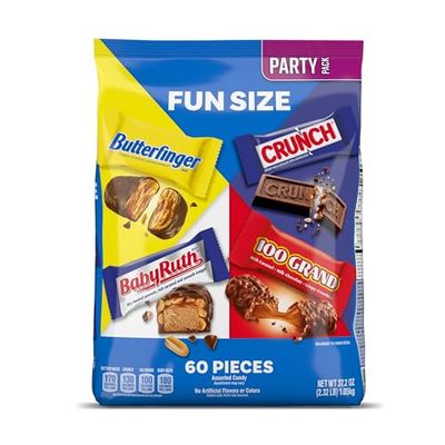Butterfinger, CRUNCH, Baby Ruth and 100 Grand, Bulk 60 Pack, Assorted Fun Size Chocolate Candy Bars, Stocking Stuffers, 37.2 oz