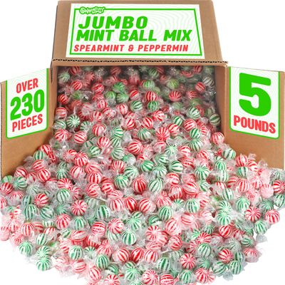 Jumbo Mint Balls -5 Pounds - Big Bulk Spearmint &amp; Peppermint Hard Candies - Mint Bulk Candies - Individually Wrapped Bulk Mints - Refreshing Office Candies