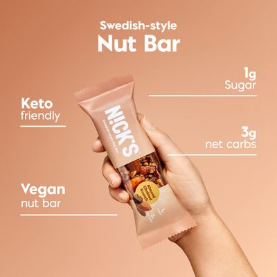 NICK'S Almond Chocolate Snack Bar, Keto Nut Snack for Sports, Hiking & Outdoor Activities, 1G sugar, 3G net carbs, healthy snack, (pack of 12)