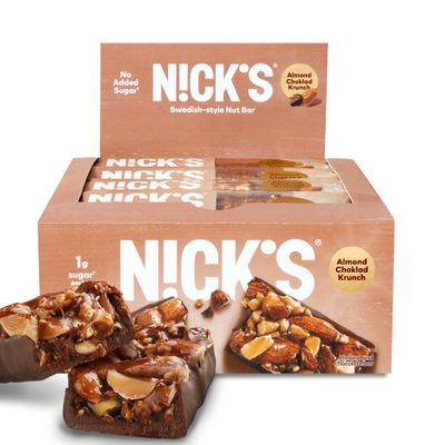 NICK&#39;S Almond Chocolate Snack Bar, Keto Nut Snack for Sports, Hiking &amp; Outdoor Activities, 1G sugar, 3G net carbs, healthy snack, (pack of 12)