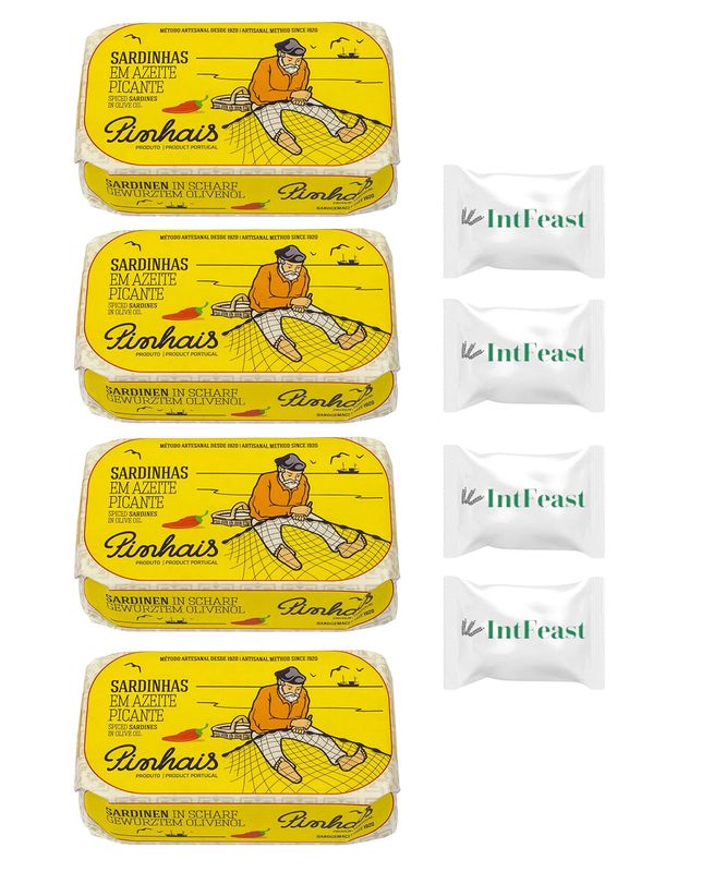 Pinhais Spiced Canned Sardines in Virgin Olive Oil, 4.4oz (Pack of 4)