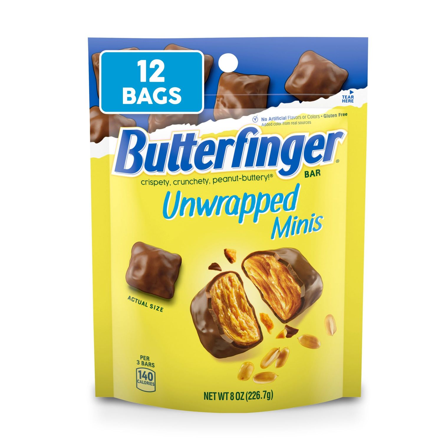 Butterfinger, Bulk 12 Bags, Chocolatey, Peanut-Buttery Unwrapped Minis Candy Bars, Stocking Stuffers, Resealable Bag, 8 oz Each