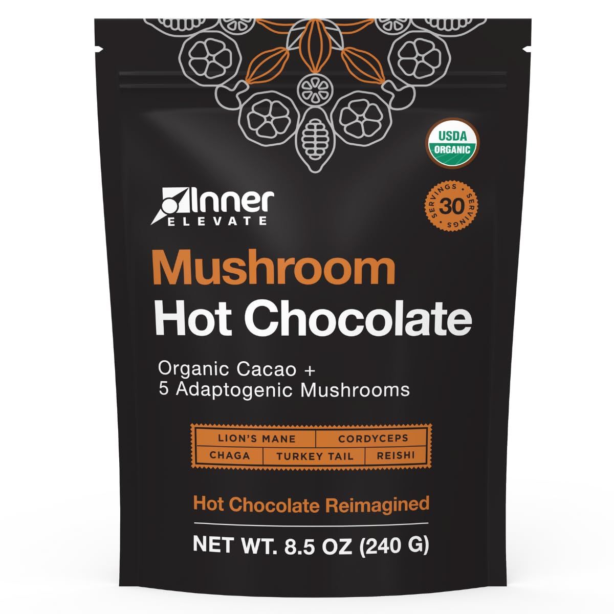 Organic Mushroom Hot Chocolate - Ceremonial Cacao with 5 Mushrooms (Lion&#39;s Mane, Cordyceps, Chaga, Reishi, Turkey Tail) - Great as a Coffee Alternative, Hot Chocolate, or Smoothie (30 Servings)