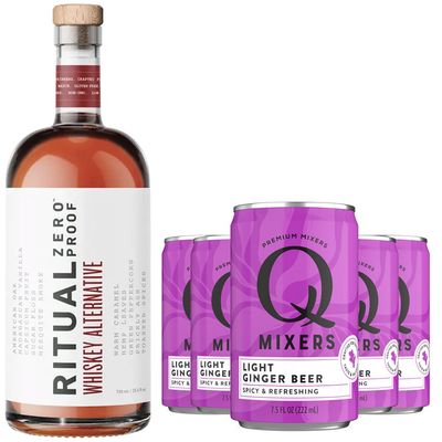 Ritual Zero Non-Alcoholic Whiskey Alternative with 5 Pack of Q Mixers Light Ginger Beer for your favorite Alcohol-Free Mixed Drink