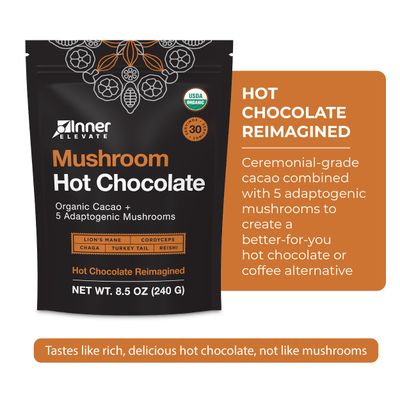 Organic Mushroom Hot Chocolate - Ceremonial Cacao with 5 Mushrooms (Lion's Mane, Cordyceps, Chaga, Reishi, Turkey Tail) - Great as a Coffee Alternative, Hot Chocolate, or Smoothie (30 Servings)