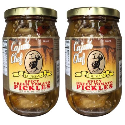 Cajun Chef Spicy Green Tomato Pickles 16oz (Pack of 2) - Tangy and Delicious Side Dish - Perfect Garnish for Any Meal - Fried Green Tomatoes, Salads, Stews, Pizza Topping,