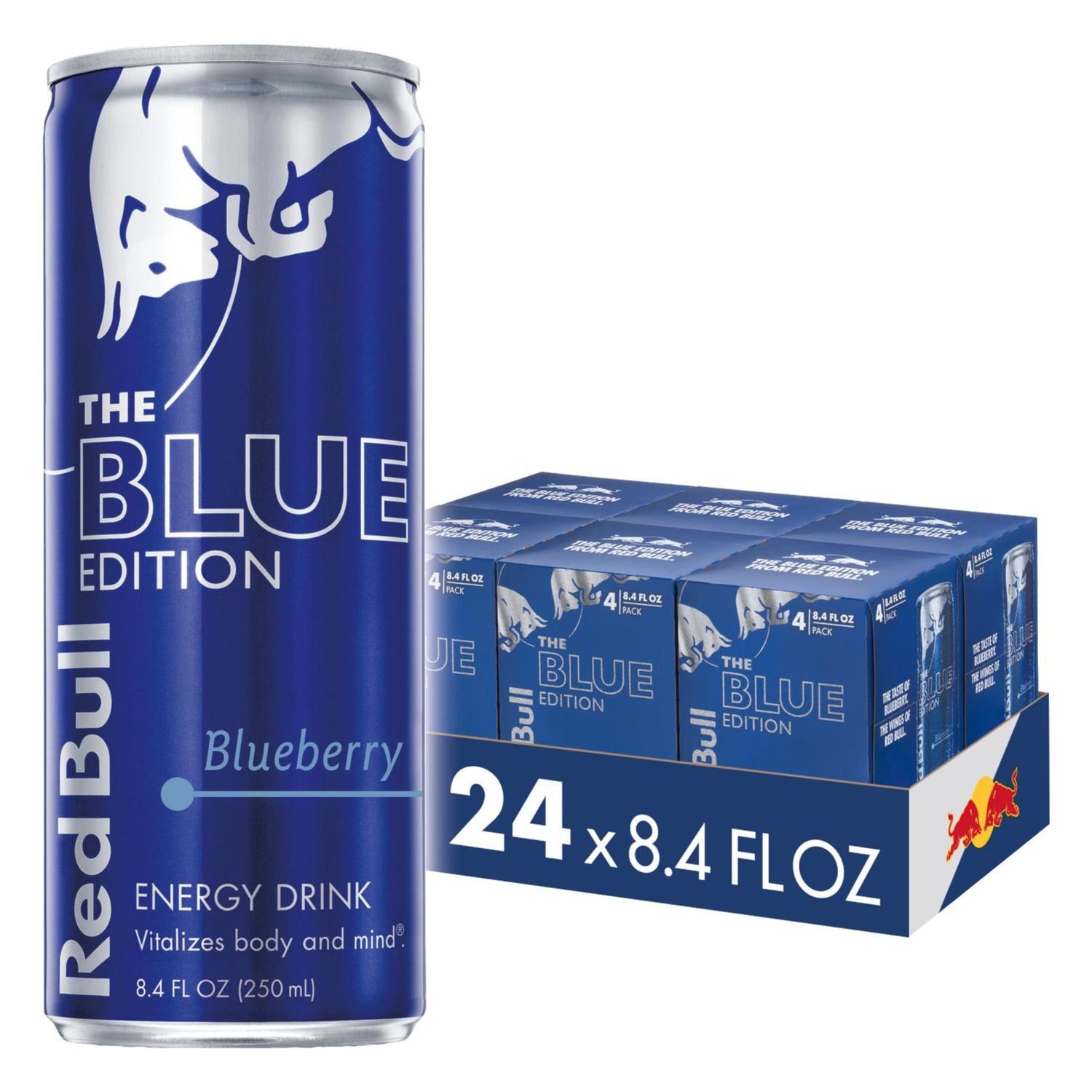 Red Bull Blue Edition Energy Drink, Blueberry, with 80mg Caffeine plus Taurine &amp; B Vitamins, 8.4 Fl Oz, 6 Packs of 4 Cans (Pack of 24)