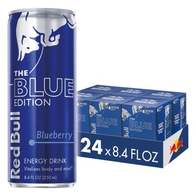 Red Bull Blue Edition Energy Drink, Blueberry, with 80mg Caffeine plus Taurine &amp; B Vitamins, 8.4 Fl Oz, 6 Packs of 4 Cans (Pack of 24)