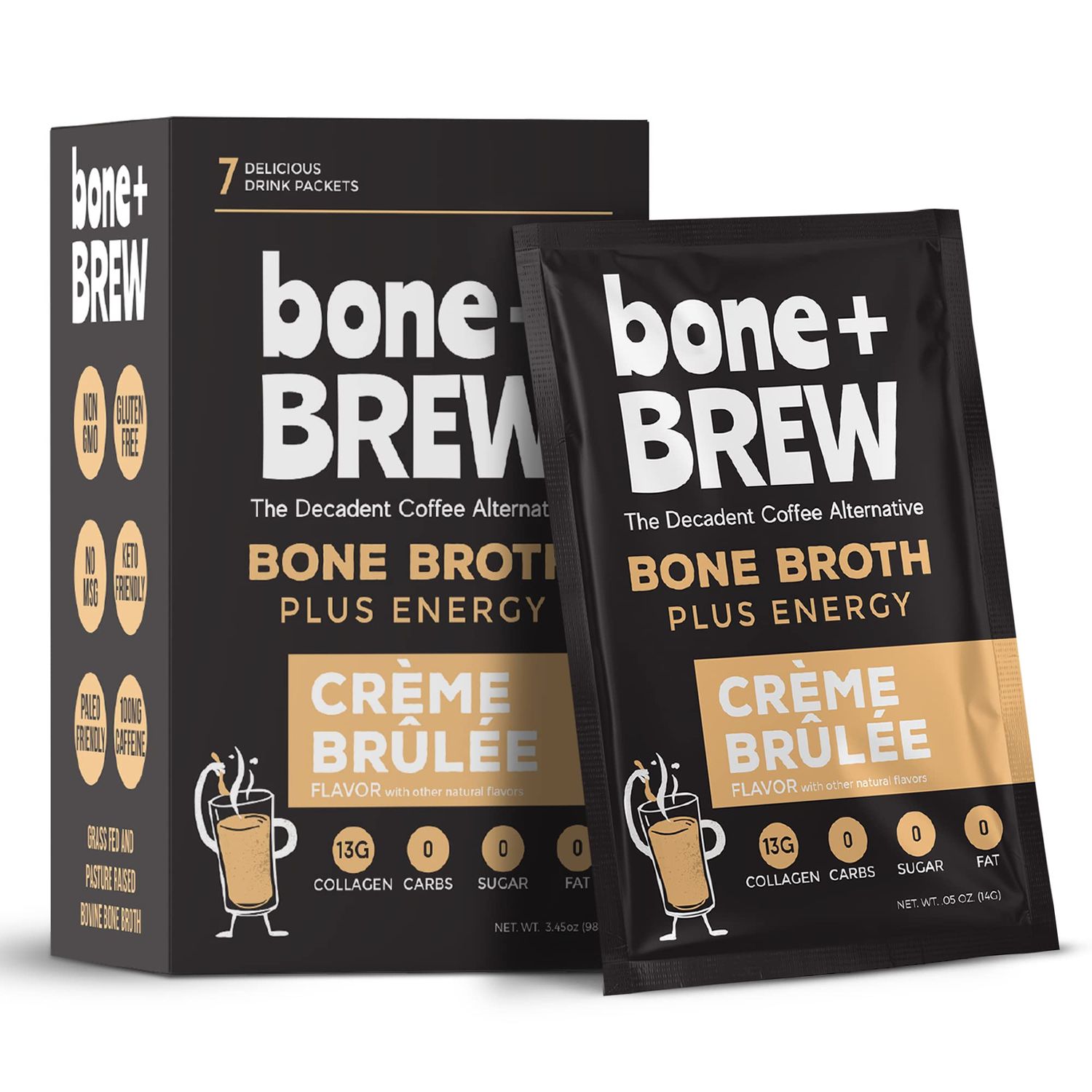 bone + BREW Bone Broth Crme Brule Flavored Coffee Alternative - Chicken &amp; Beef Bone Broth, 12g Protein, 13g Collagen, 0 Carbs, 0 Sugar, 0 Fat - Keto and Paleo Friendly - 7 Packets