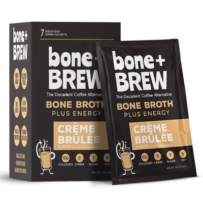 bone + BREW Bone Broth Crme Brule Flavored Coffee Alternative - Chicken &amp; Beef Bone Broth, 12g Protein, 13g Collagen, 0 Carbs, 0 Sugar, 0 Fat - Keto and Paleo Friendly - 7 Packets