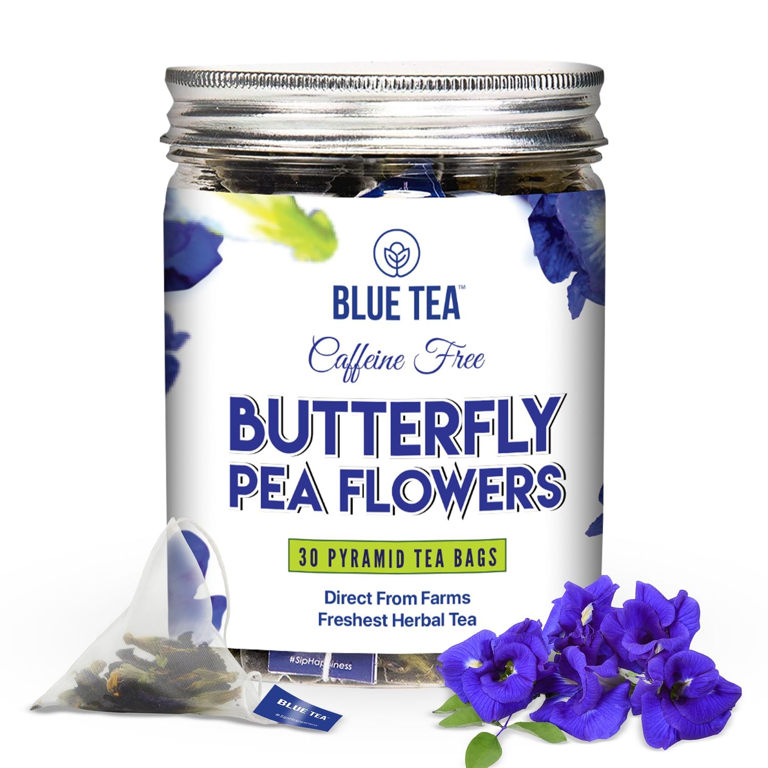 BLUE TEA - Butterfly Pea Flower Tea - 30 Count - Pyramid Plant Based Tea Bag | Christmas Gifts | Super ANTIOXIDENT | Flower Based - Herbal Tea - Caffeine Free - Detox Tea - Vegan | Pet Jar