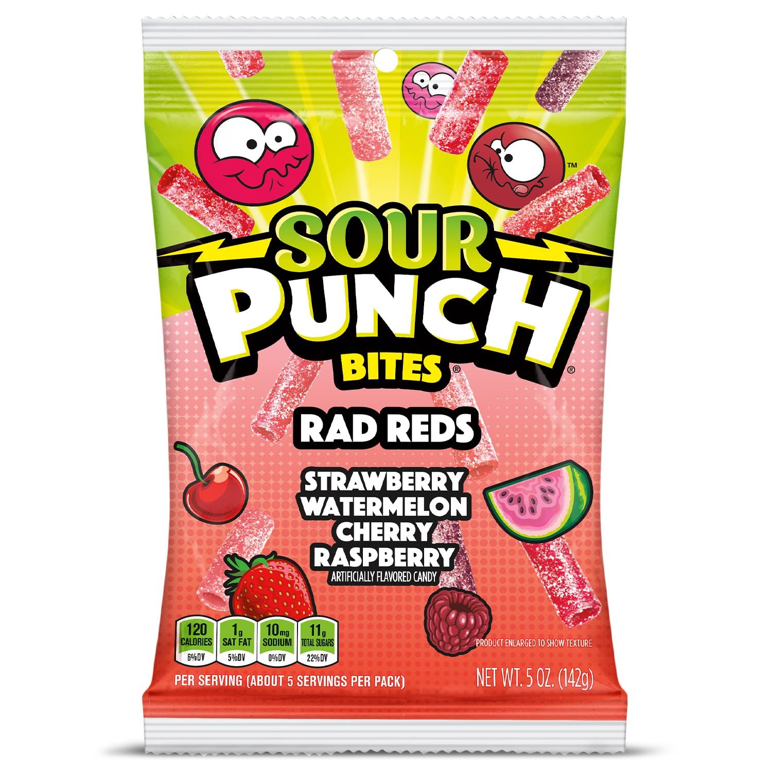 Sour Punch Bites, Rad Reds Watermelon, Strawberry, Cherry &amp; Raspberry Chewy Candy, 5oz Bag (Pack of 12) (Packaging may vary)