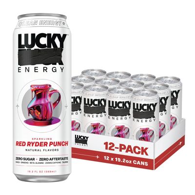 Lucky Energy Sugar Free Energy Drinks 19.2 Fl Oz Cans (Pack of 12) Healthy Energy Drink. Red Ryder Punch with Maca, Ginseng, Taurine, Beta-Alanine, 200mg Caffeine (Packaging May Vary)