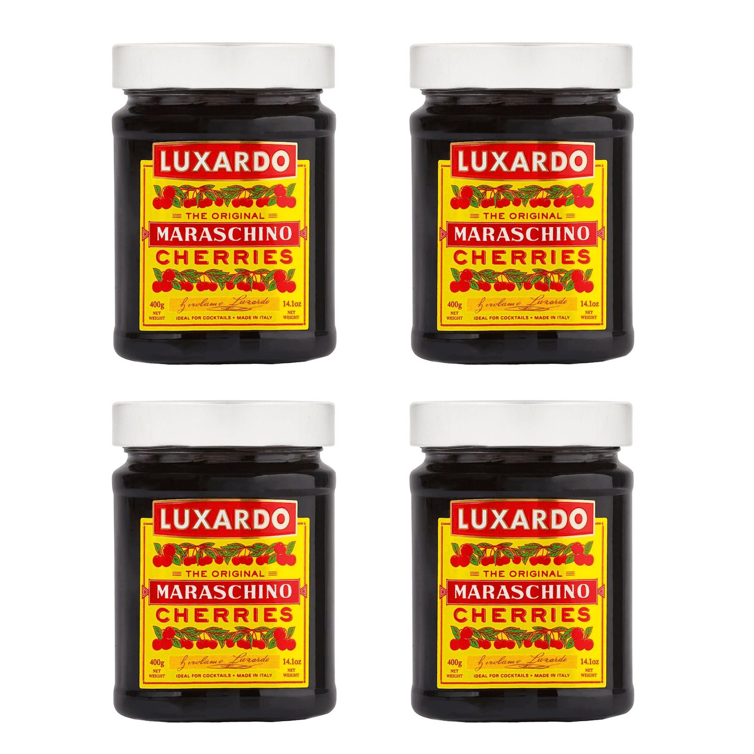 Luxardo The Original Maraschino Cherries | Gourmet Italian Cocktail Maraschino Cherries | for Old Fashioned, Manhattan and Desserts | Approximately 65 Cherries Per 400G Jar [Pack of 4]