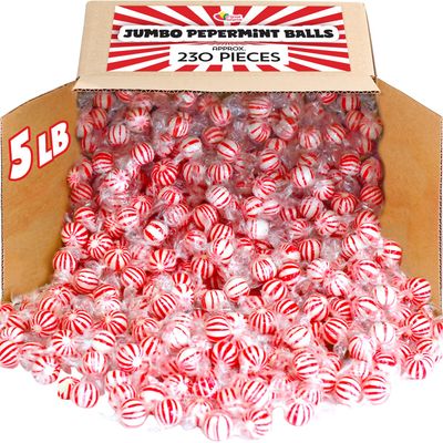 Peppermint Balls - 5 Pounds - Peppermint Bulk Hard Candy - Red and White Striped Hard Candies - Valentine&#39;s Day Bulk Red Candy - Individually Wrapped Candy - Peppermint Canes Candy