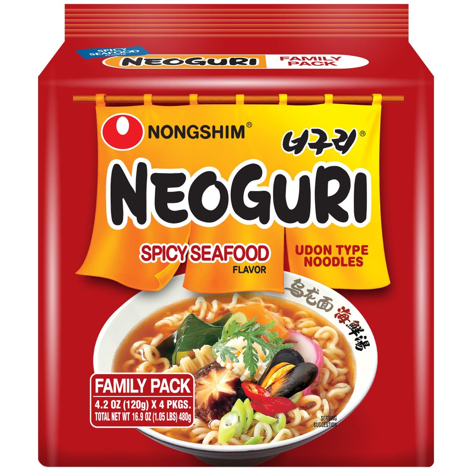 Nongshim Neoguri Spicy Seafood with Udon-Style Noodle, 4.2 Ounce, 4 Count (Pack Of 8)