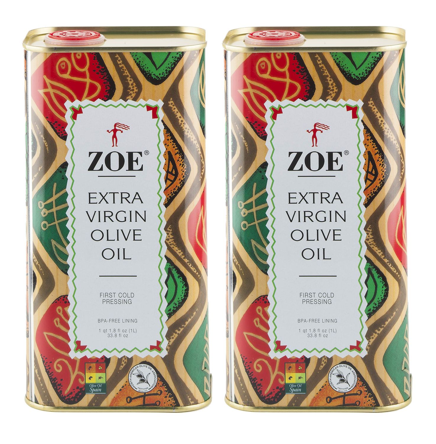 ZOE, Extra Virgin Olive Oil Tin, BPA Free Lining, 1L 33.8 Ounce Pack of 2