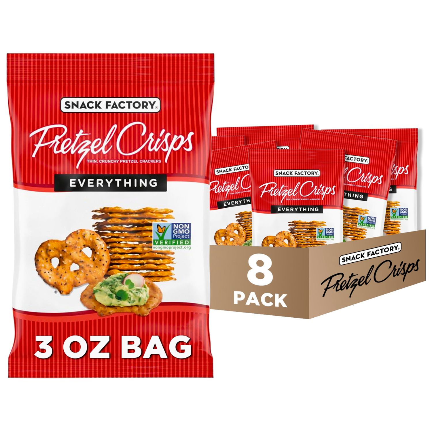 Snack Factory Pretzel Crisps, Everything, 3 Oz (Pack of 8)