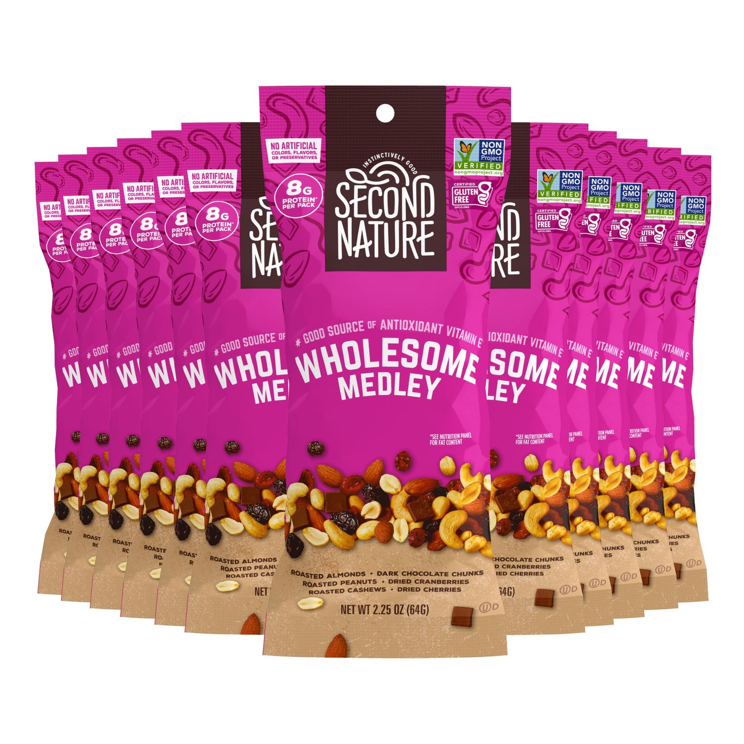 Second Nature Wholesome Medley Trail Mix - 12 Count, 2.25 oz Individual Snack Packs, Certified Gluten-Free - Dark Chocolate, Dried Fruit and Nut Trail Mix, Ideal for Travel Snacks