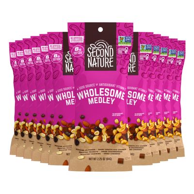 Second Nature Wholesome Medley Trail Mix - 12 Count, 2.25 oz Individual Snack Packs, Certified Gluten-Free - Dark Chocolate, Dried Fruit and Nut Trail Mix, Ideal for Travel Snacks