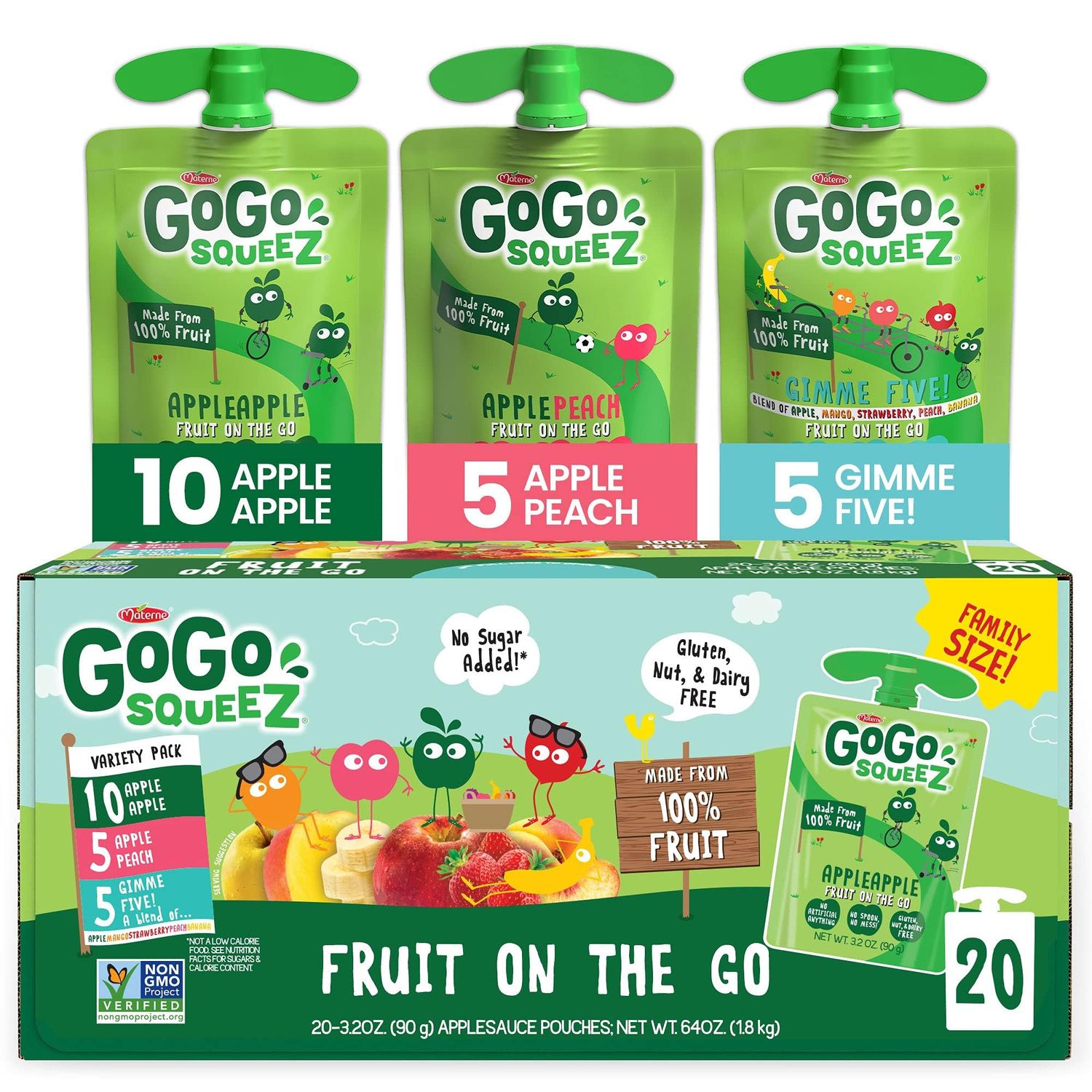 GoGo squeeZ Applesauce and Fruit Puree Variety Pack, Apple, Peach &amp; Gimme Five!, 3.2 oz (Pack of 20), Unsweetened Fruit Snacks for Kids, Gluten Free, Nut Free and Dairy Free, BPA Free Pouches