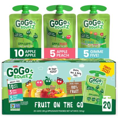 GoGo squeeZ Applesauce and Fruit Puree Variety Pack, Apple, Peach &amp; Gimme Five!, 3.2 oz (Pack of 20), Unsweetened Fruit Snacks for Kids, Gluten Free, Nut Free and Dairy Free, BPA Free Pouches